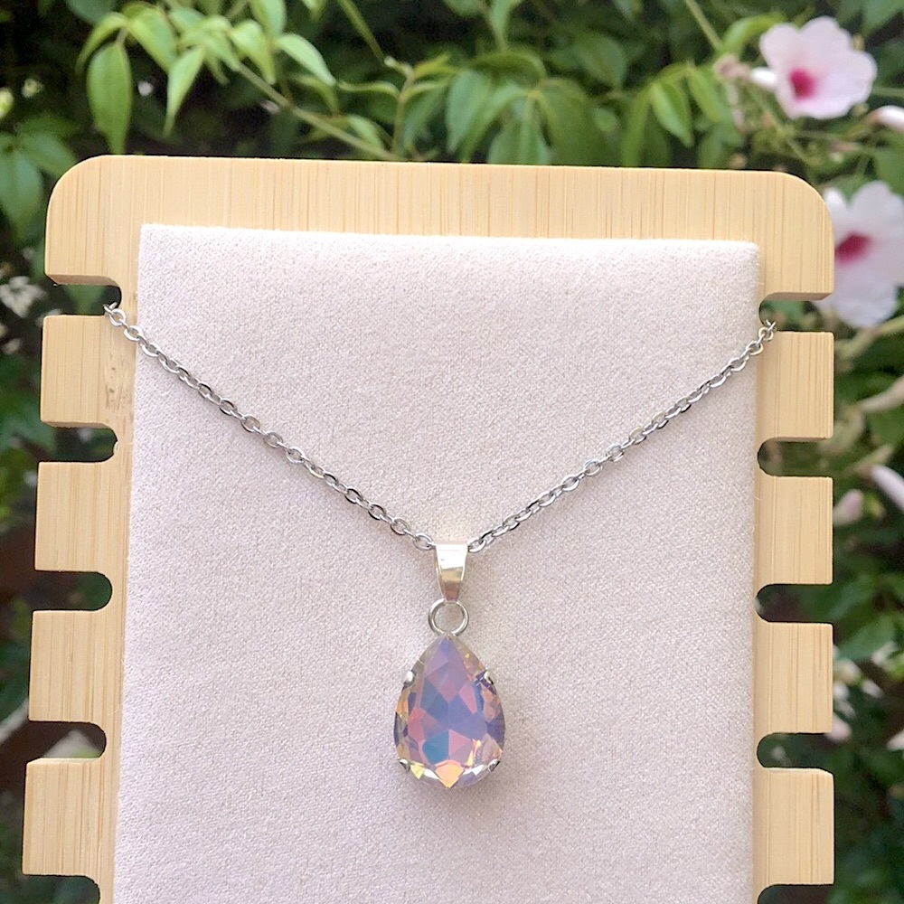 Gray Opal Aurora Borealis Iridescent Silver Pendant Drop Necklace - Picture 8 of 10